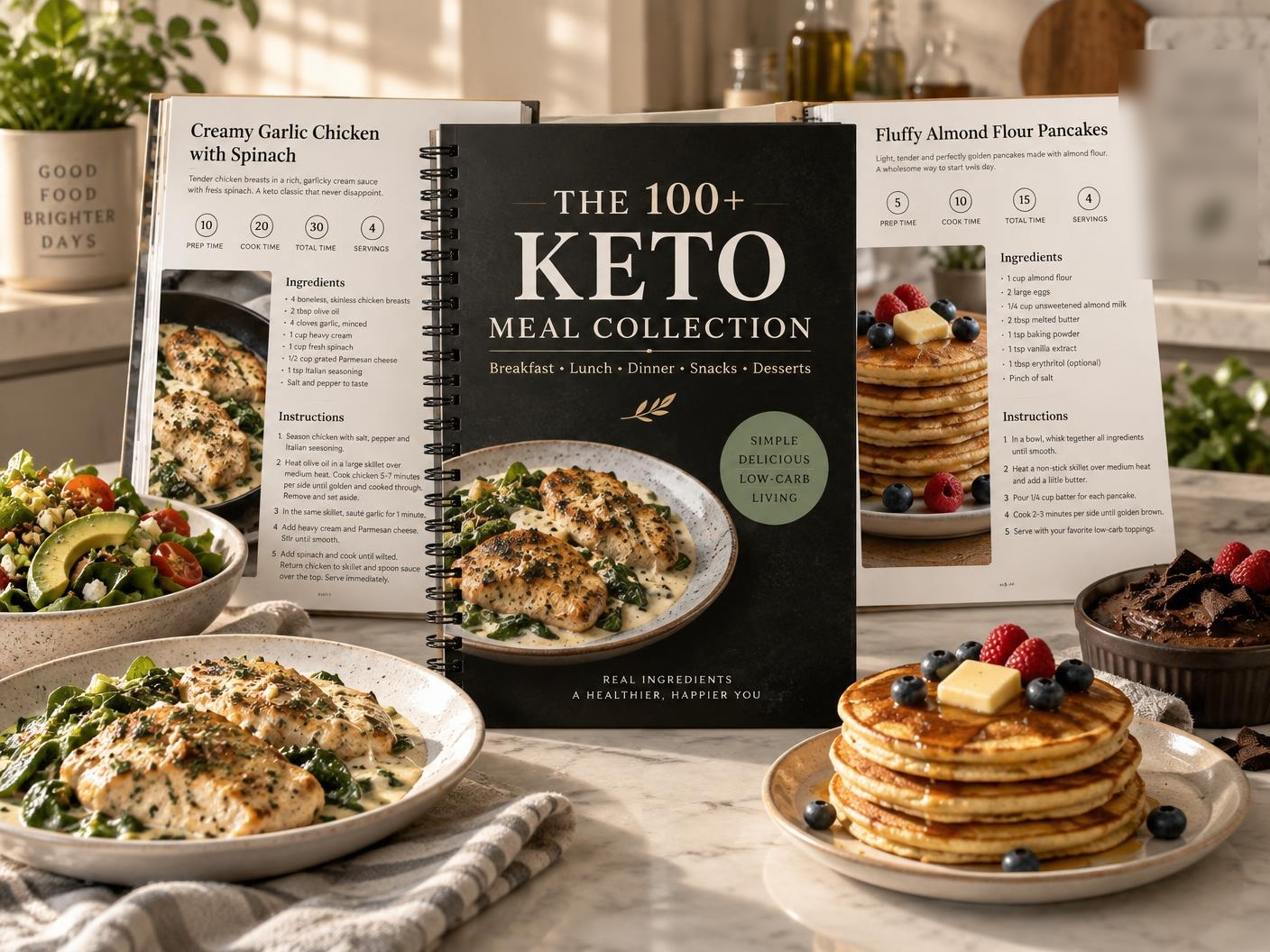 Spiral-bound printed Keto Meal Collection cookbook